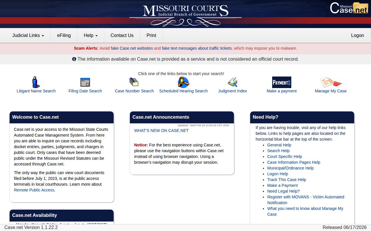 Case.net search for Miller County release records