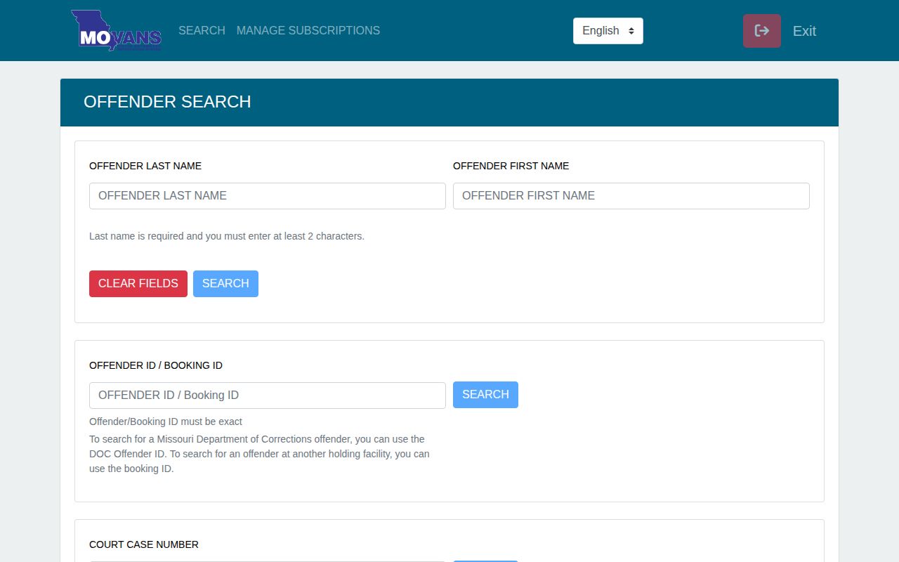 Missouri MOVANS current offender search screen for custody and release notifications