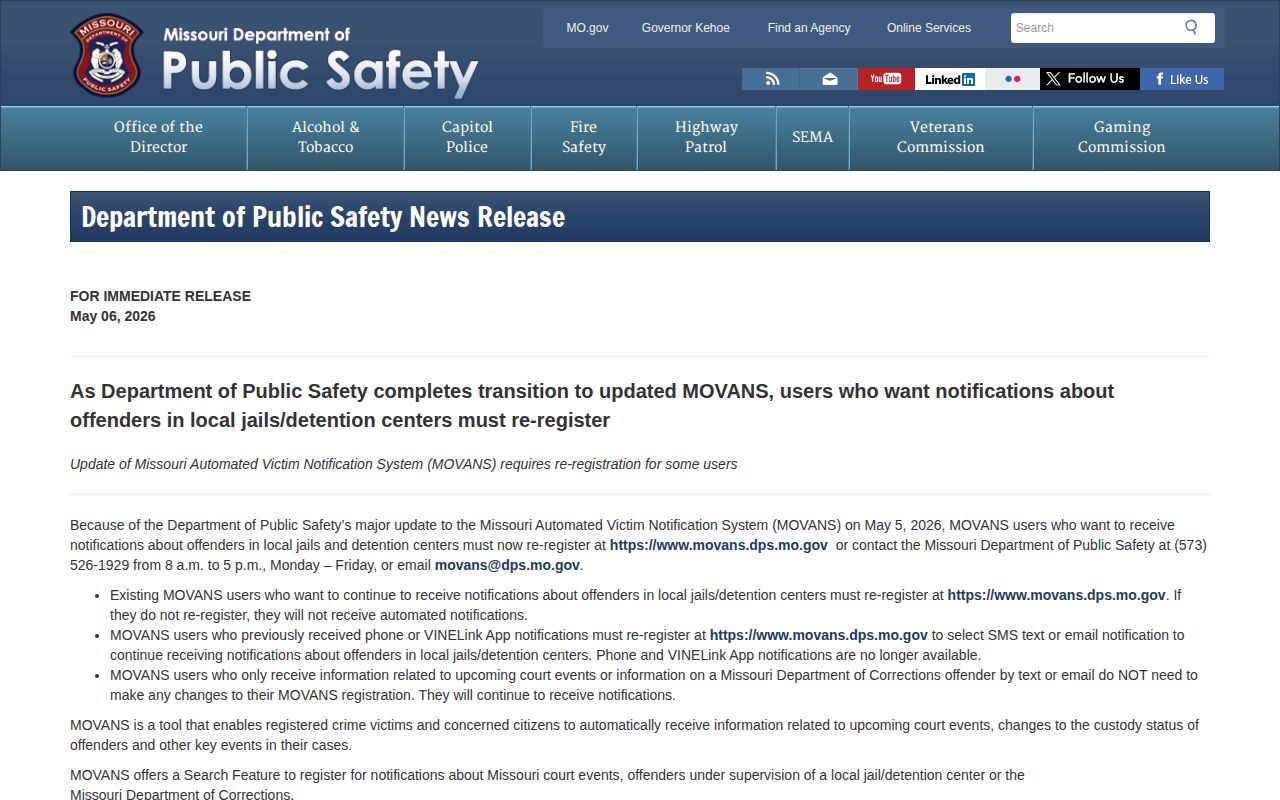Missouri DPS May 2026 notice announcing the MOVANS notification transition